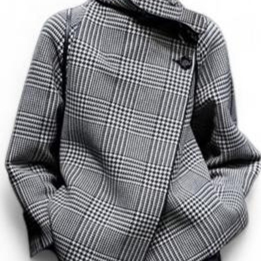 UOOZEE Long Sleeves Loose Asymmetric Houndstooth Plaid Stand Collar Jacket